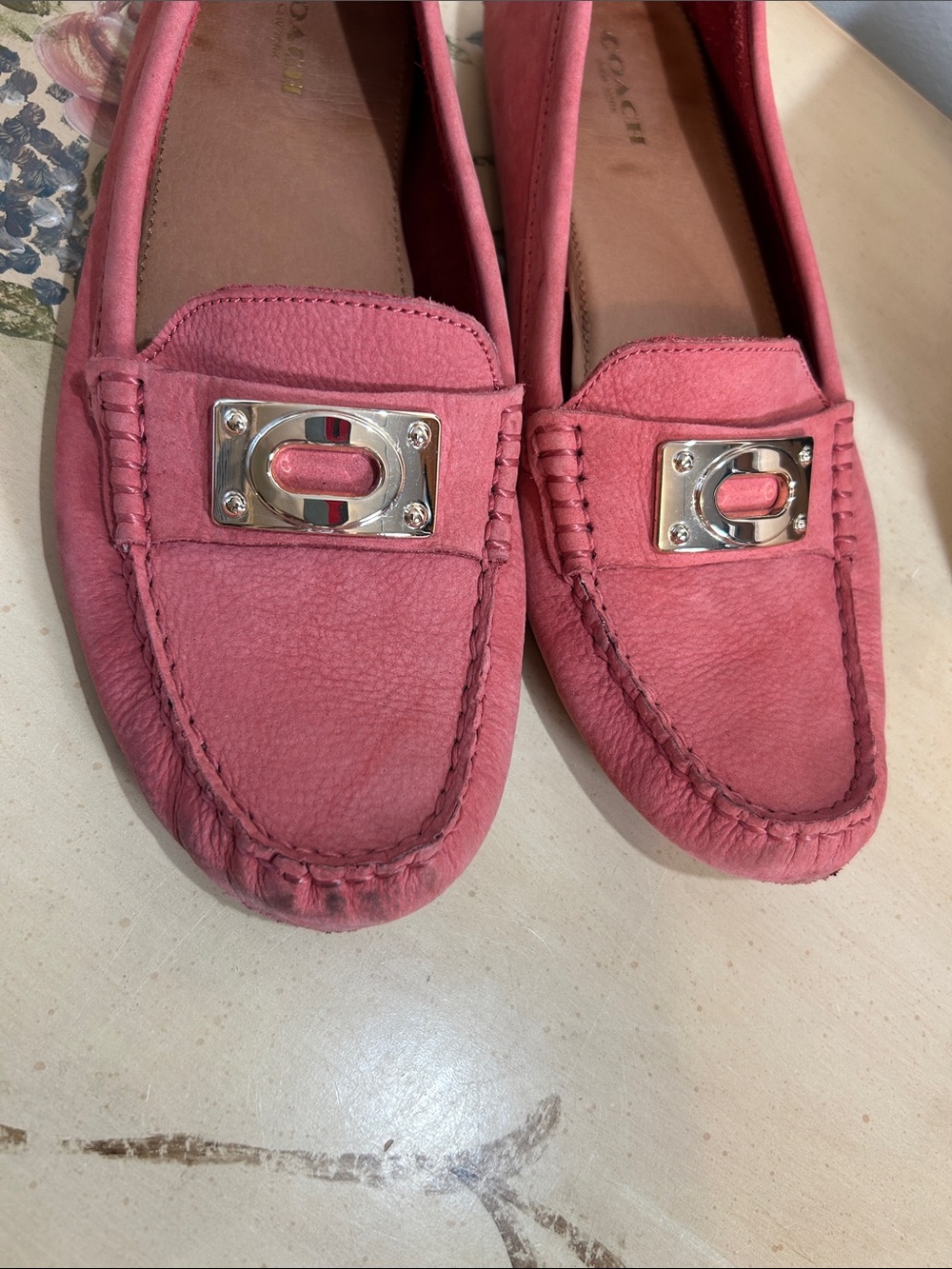 Coach Napoleon Salmon Pink Coral Suede Gold Buckle Driving Loafers - Picture 11 of 15